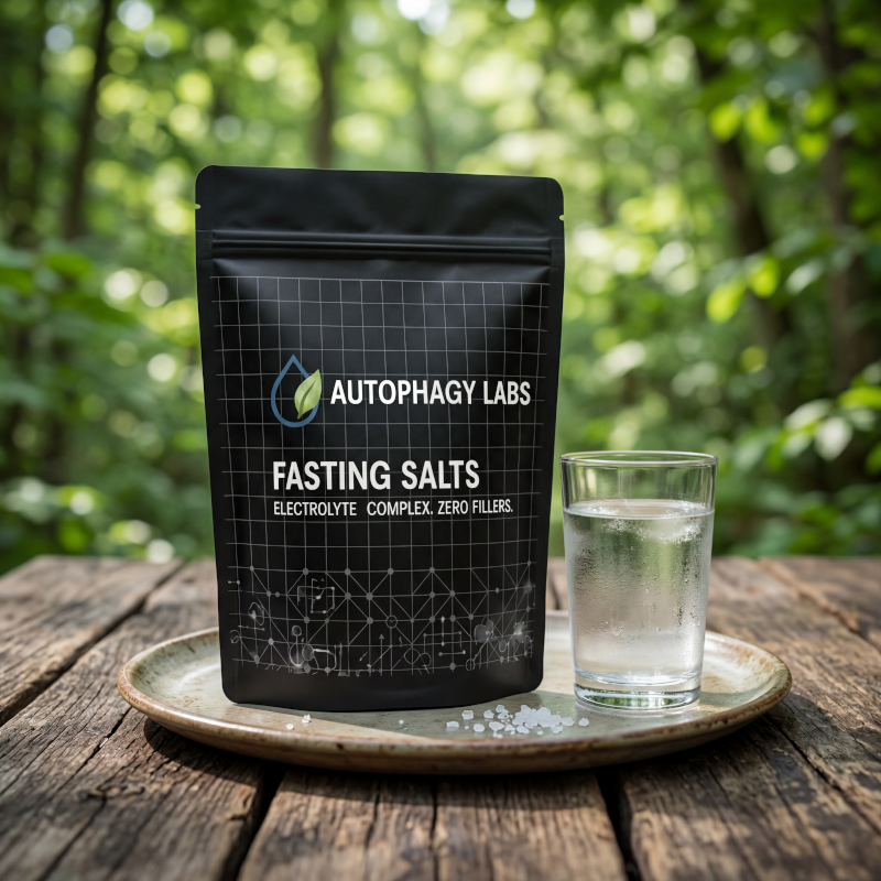 Autophagy Labs Fasting Salts pouch with a glass of electrolyte water